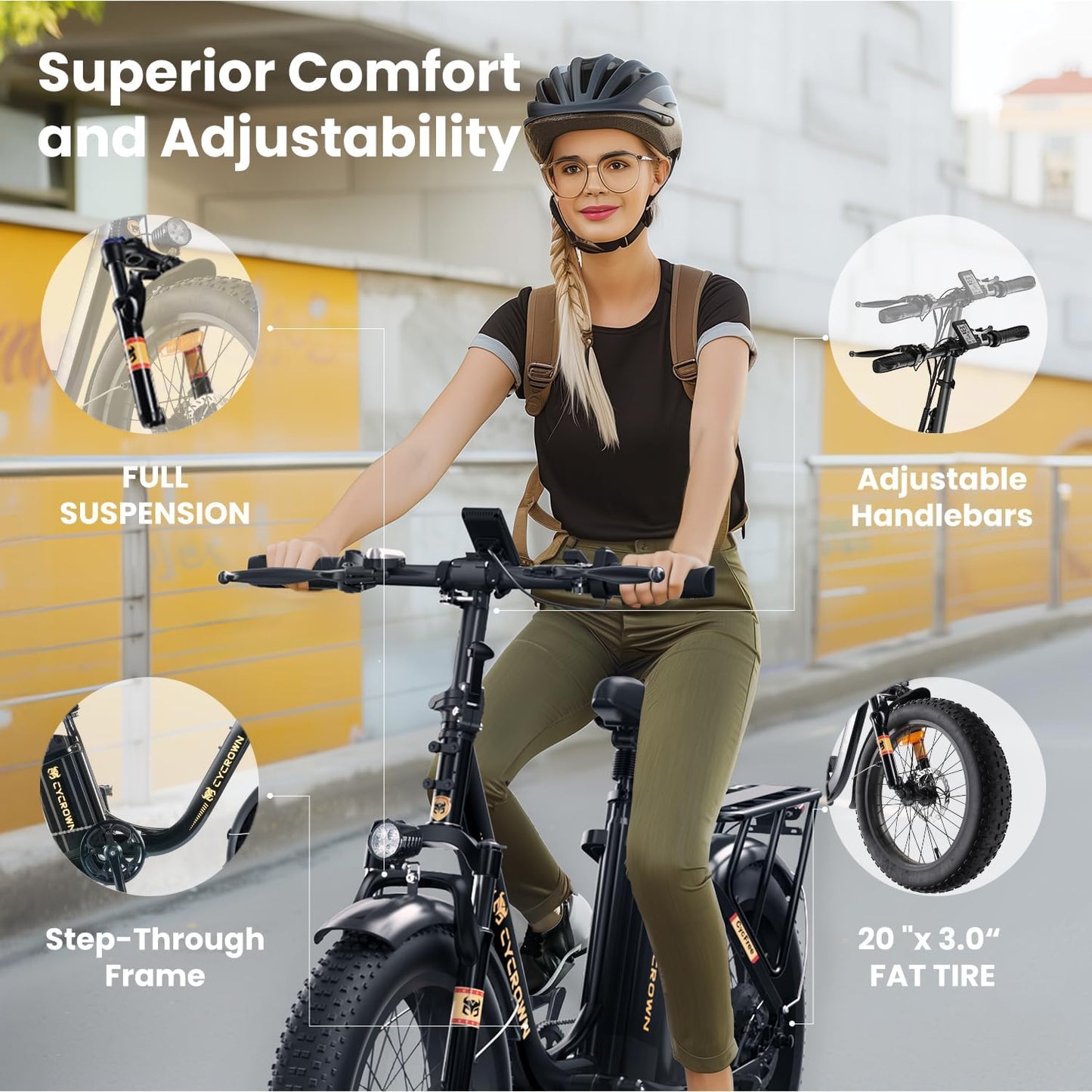 CYCROWN Free 20 Step-Thru Fat Tire All-Terrain Electric Bike 1000W Peak Motor 48V 15.6Ah Battery