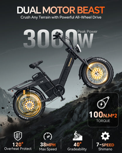 TESWAY X5 AWD Step-Thru E-Bike – Easy Mount 3000W Dual Motor