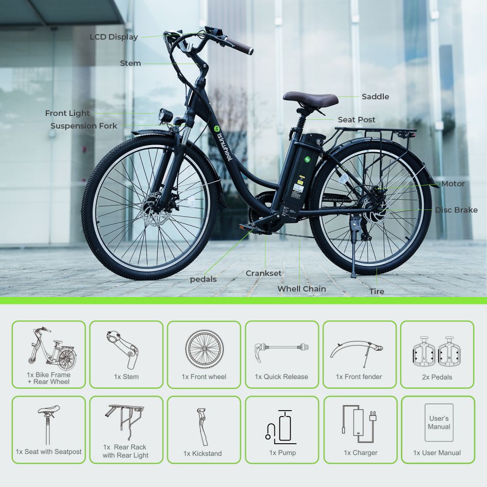 ISINWHEEL U2 26 Cruiser Commuting Electric Bike 500W Motor 36V 13Ah Battery